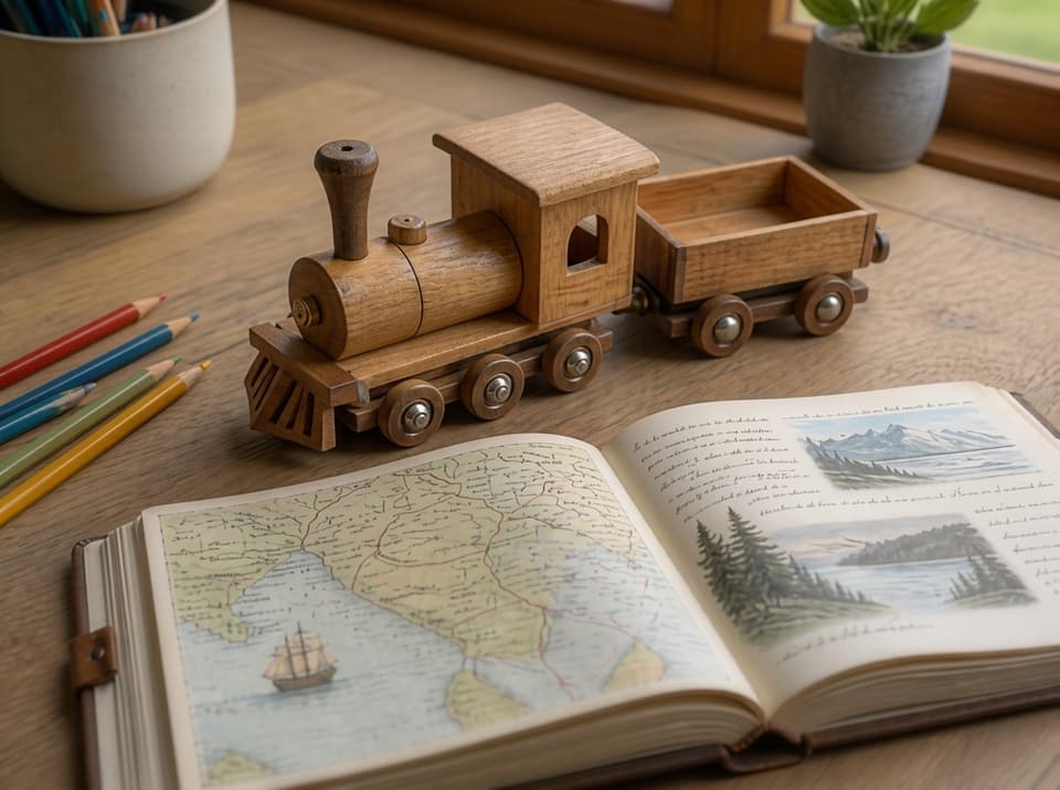 Downloaded AI-deblurred result showing the wooden toy train and illustrated journal more clearly